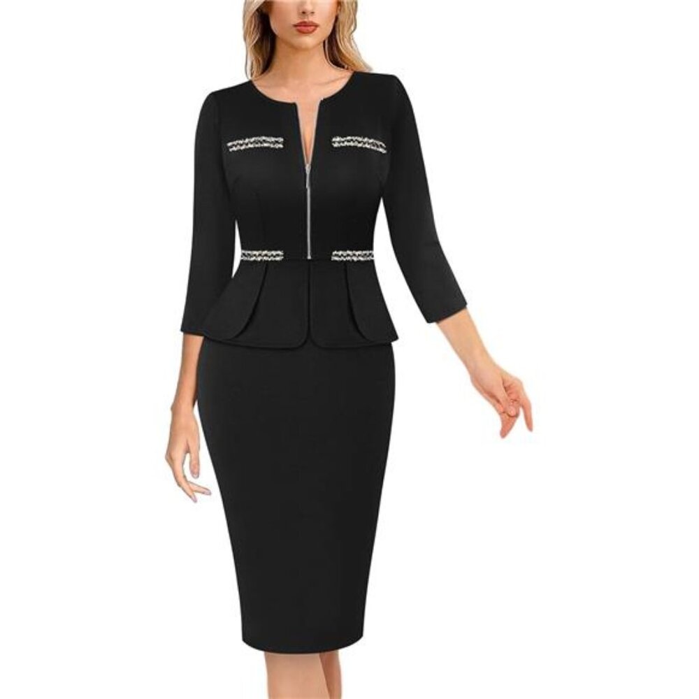 Women's Peplum Crew Neck Front Zipper Slim Sheath Pencil Dress